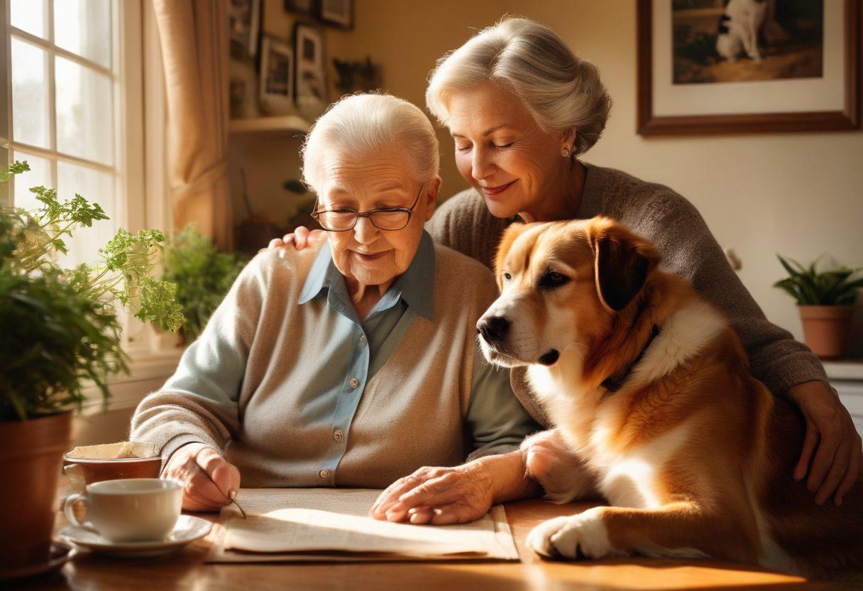 A warm and inviting scene depicting a compassionate caregiver assisting an elderly man in his cozy home, surrounded by family photos and soft sunlight. Include details like a fluffy dog resting nearby, plants that bring life to the space, and a cup of tea on the table, symbolizing comfort and care. Capture the emotions of tenderness and support. super-realistic. warm colors. soft lighting.