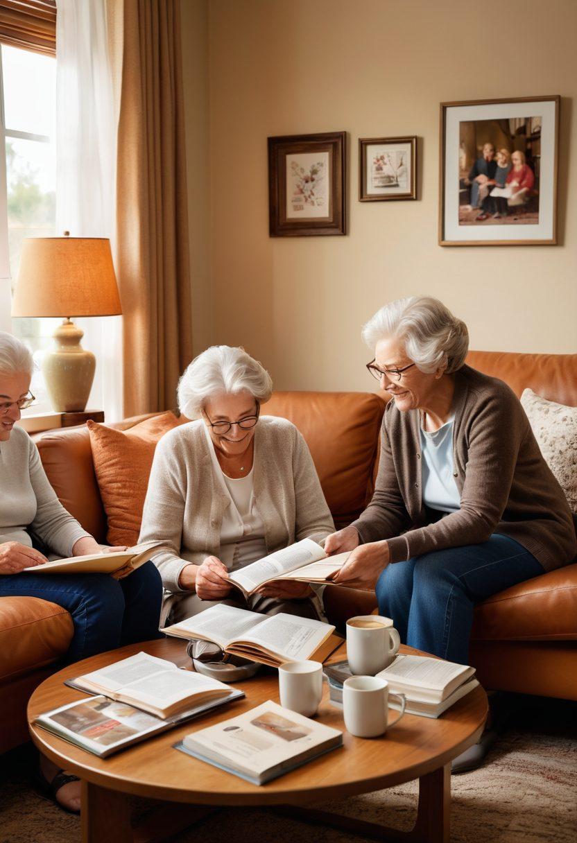 A warm, inviting living room scene showcasing a diverse family assisting their elderly relative with various activities. The elderly person is engaged in reading, surrounded by helpful resources like pamphlets and care guides on a coffee table. The atmosphere is cozy, filled with soft natural light, and family members are smiling and interacting lovingly. Add elements like a framed photo on the wall depicting happy family moments to evoke a sense of togetherness. super-realistic. warm tones. cozy ambiance.
