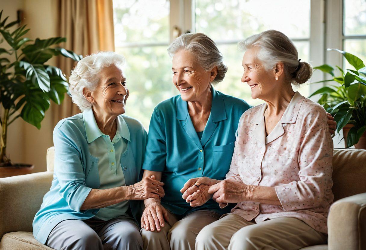 A warm, inviting living room scene where a caregiver gently assists an elderly person with a smile, surrounded by plants and sunlight filtering through large windows. Include soft, comfortable furniture and personal touches like family photos on the walls. Emphasize a sense of comfort, compassion, and connection, showcasing the essence of senior caregiving. soft focus. pastel colors. warm tones.